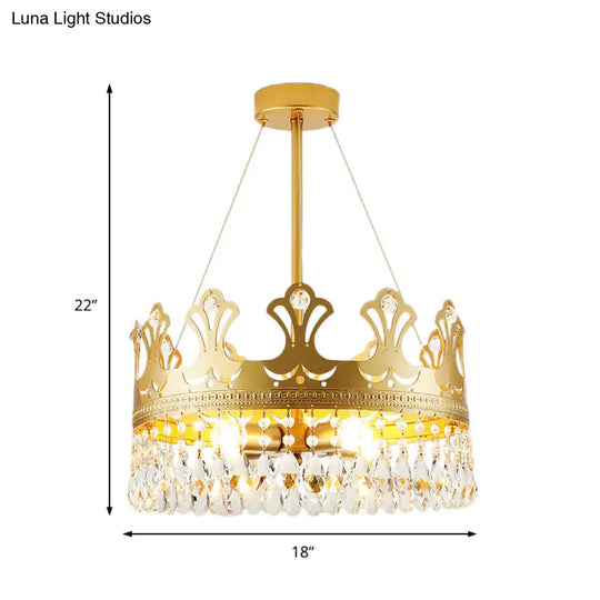 Elegant Brass Crown Chandelier Lamp Simplicity Metal Pendant Lighting With Crystal Drops For Bedroom