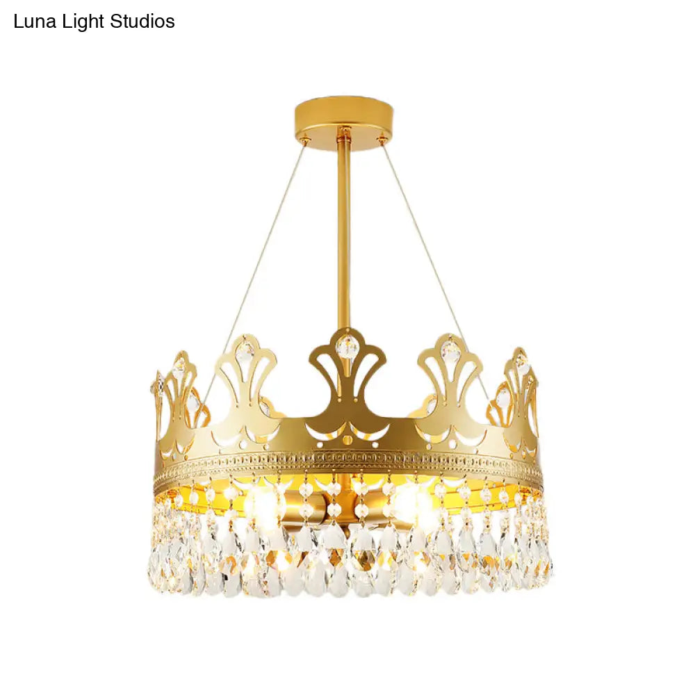 Elegant Brass Crown Chandelier Lamp Simplicity Metal Pendant Lighting With Crystal Drops For Bedroom