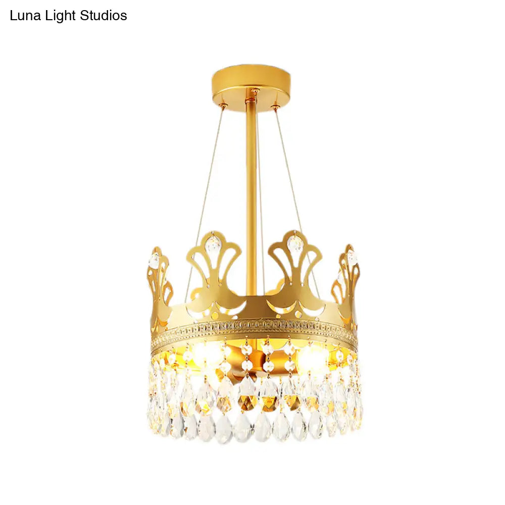 Elegant Brass Crown Chandelier Lamp Simplicity Metal Pendant Lighting With Crystal Drops For Bedroom