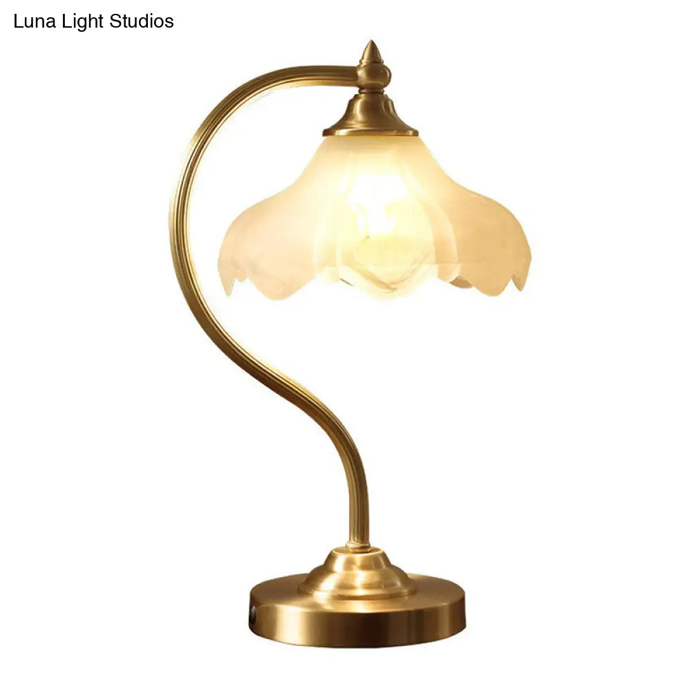 Elegant Brass Gooseneck Nightstand Lamp With Floral Frosted Glass Shade