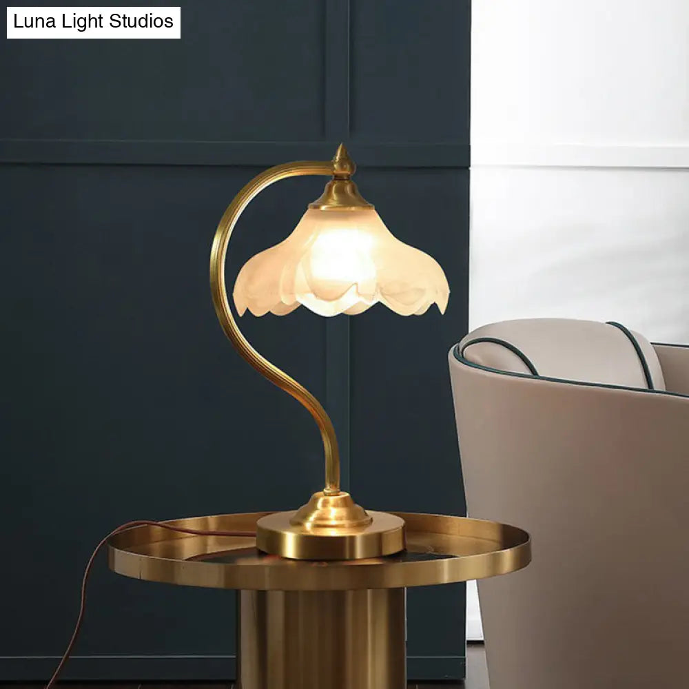 Elegant Brass Gooseneck Nightstand Lamp With Floral Frosted Glass Shade