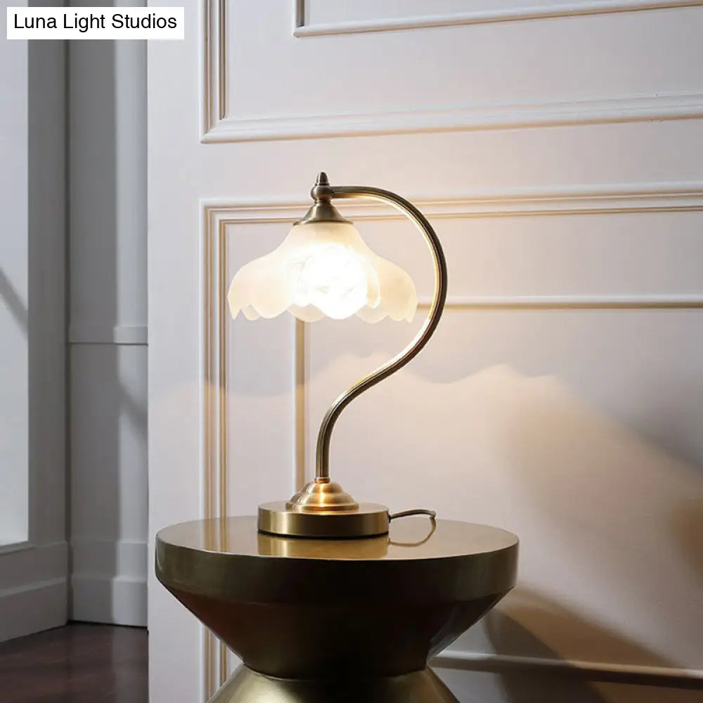 Elegant Brass Gooseneck Nightstand Lamp With Floral Frosted Glass Shade