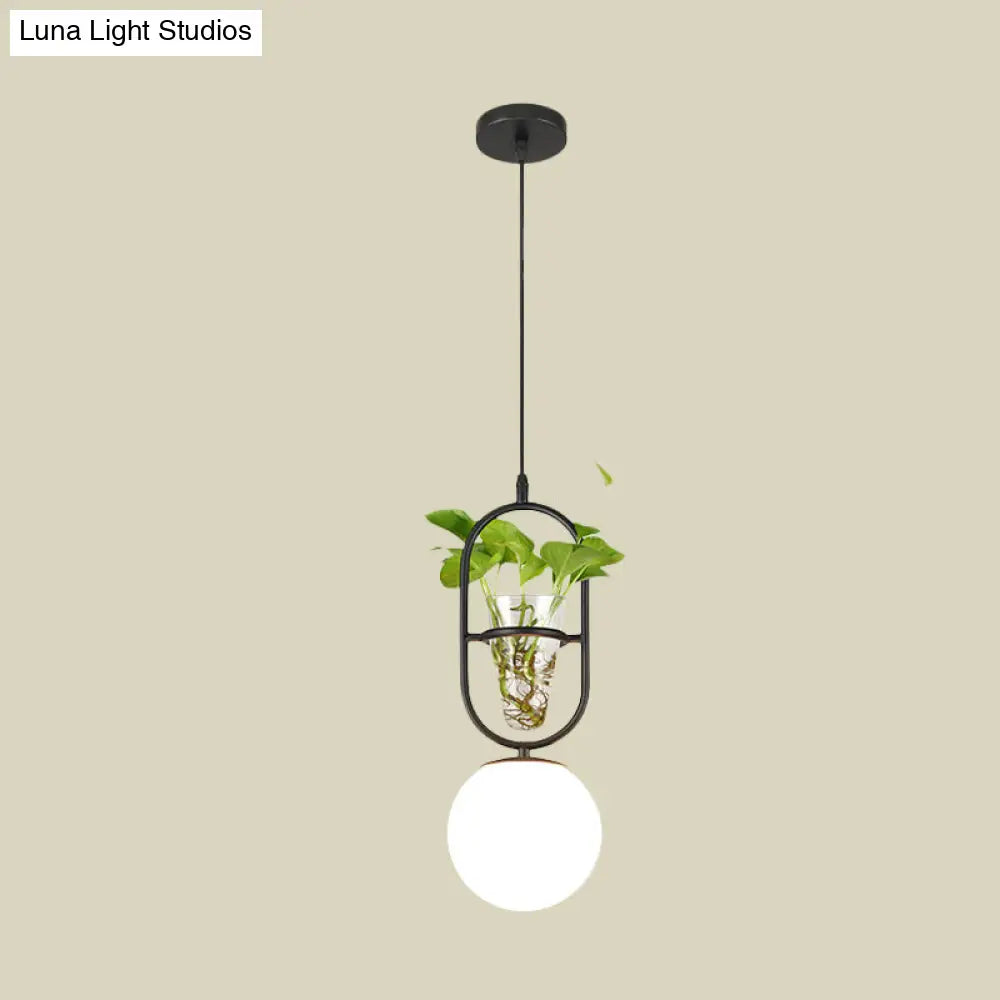 Elegant Elliptical Iron Pendant Lamp With Sphere Cream Glass Shade - Bedroom Hanging Light In
