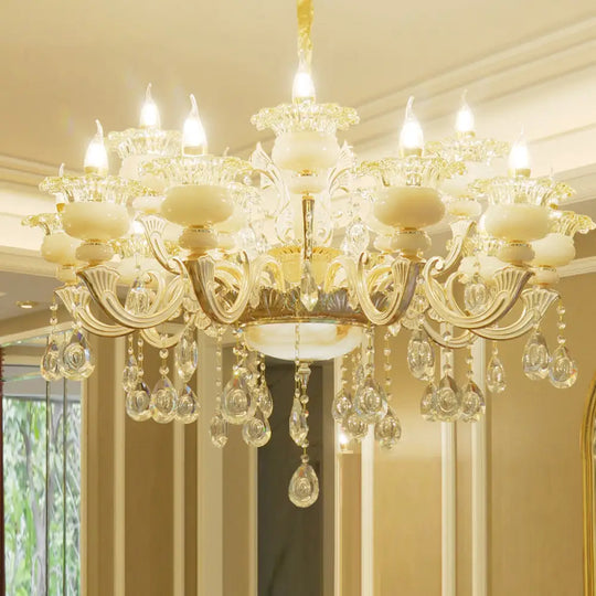 Elegant Gold Floral Ruffle Ceiling Lighting: Traditional Jade Chandelier With Crystal Draping For