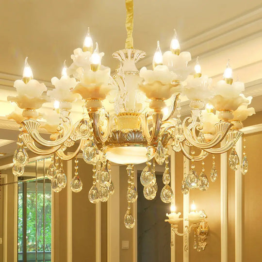 Elegant Gold Floral Ruffle Ceiling Lighting: Traditional Jade Chandelier With Crystal Draping For