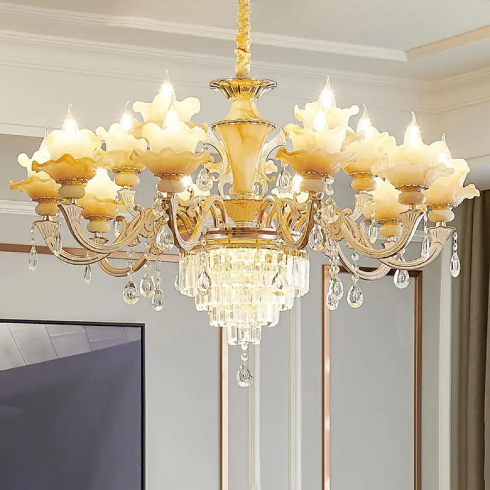 Elegant Gold Floral Ruffle Ceiling Lighting: Traditional Jade Chandelier With Crystal Draping For