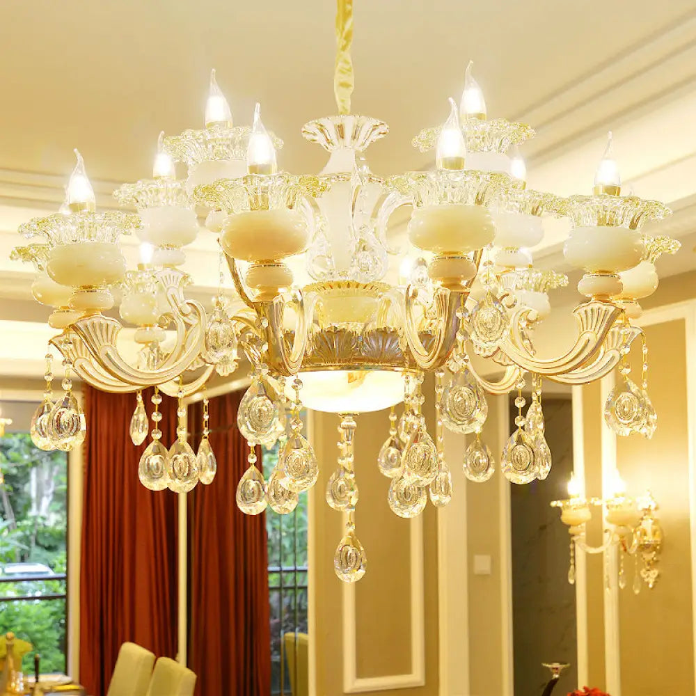 Elegant Gold Floral Ruffle Ceiling Lighting: Traditional Jade Chandelier With Crystal Draping For