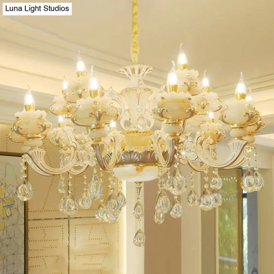 Elegant Gold Floral Ruffle Ceiling Lighting: Traditional Jade Chandelier With Crystal Draping For