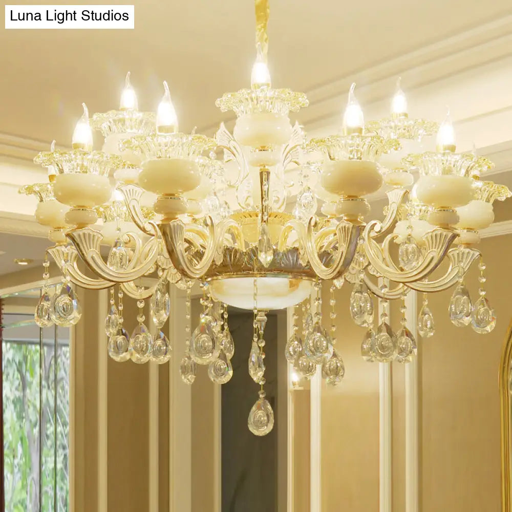 Elegant Gold Floral Ruffle Ceiling Lighting: Traditional Jade Chandelier With Crystal Draping For