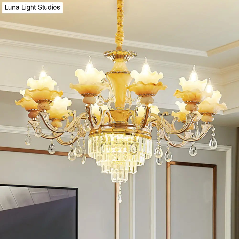 Elegant Gold Floral Ruffle Ceiling Lighting: Traditional Jade Chandelier With Crystal Draping For