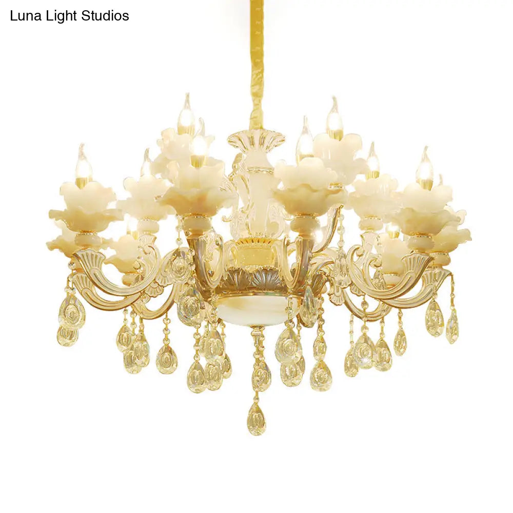 Elegant Gold Floral Ruffle Ceiling Lighting: Traditional Jade Chandelier With Crystal Draping For