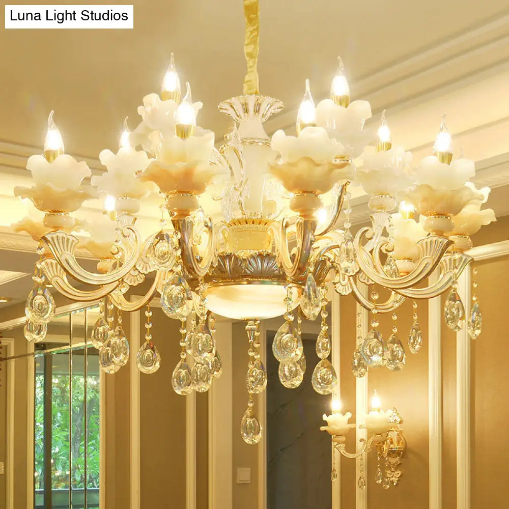 Elegant Gold Floral Ruffle Ceiling Lighting: Traditional Jade Chandelier With Crystal Draping For