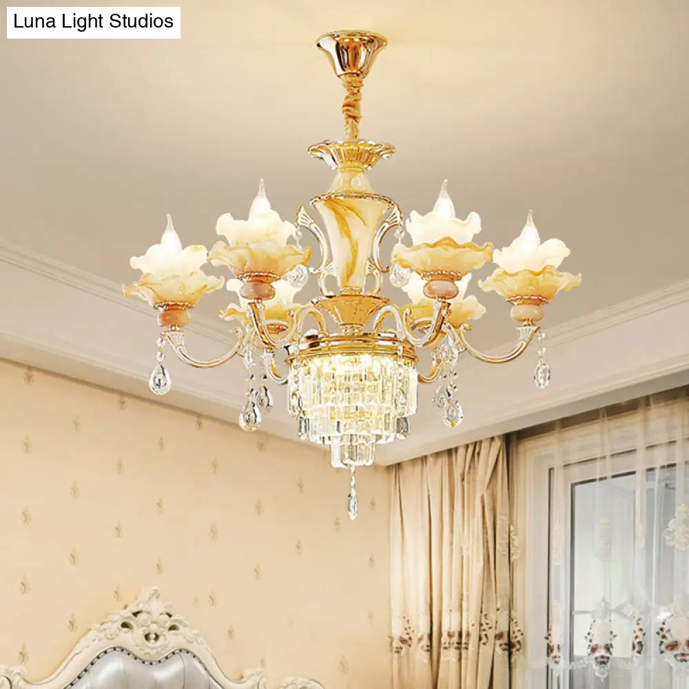 Elegant Gold Floral Ruffle Ceiling Lighting: Traditional Jade Chandelier With Crystal Draping For