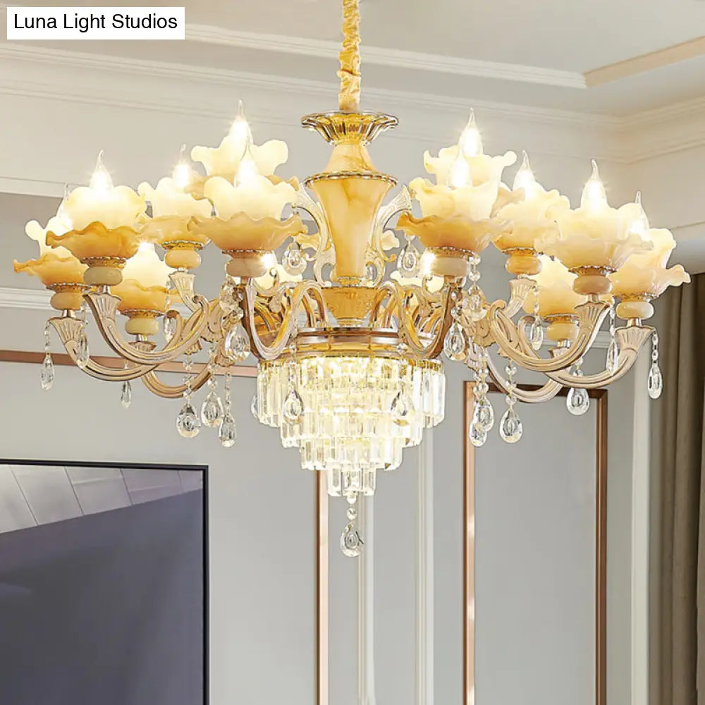 Elegant Gold Floral Ruffle Ceiling Lighting: Traditional Jade Chandelier With Crystal Draping For