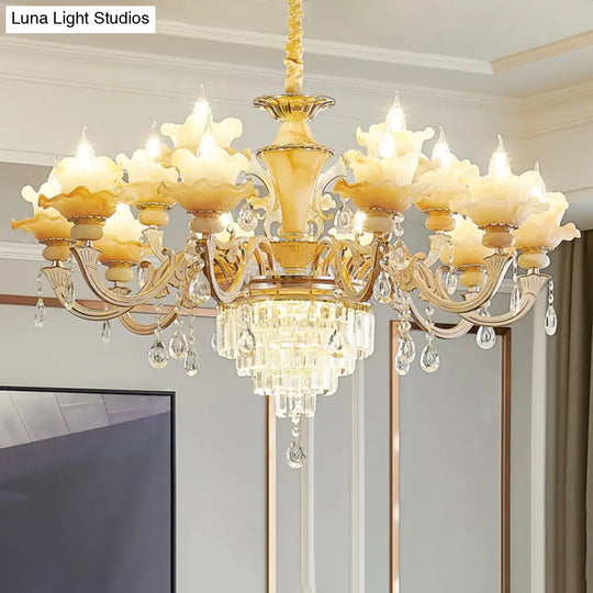 Elegant Gold Floral Ruffle Ceiling Lighting: Traditional Jade Chandelier With Crystal Draping For