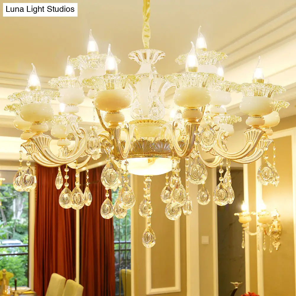 Elegant Gold Floral Ruffle Ceiling Lighting: Traditional Jade Chandelier With Crystal Draping For