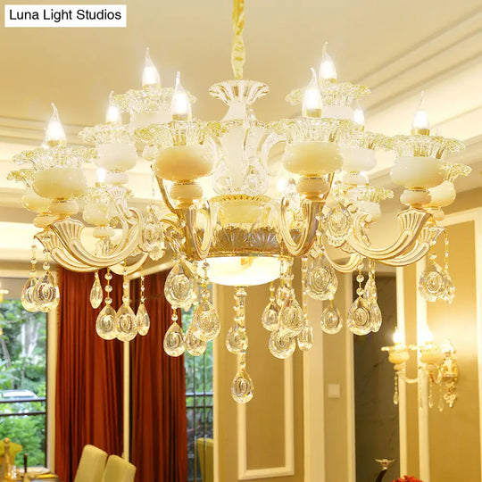 Elegant Gold Floral Ruffle Ceiling Lighting: Traditional Jade Chandelier With Crystal Draping For