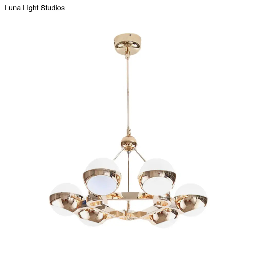 Elegant Gold Metal Chandelier With Stunning Ring Design - Orb Frosted Glass Shade 6/9 Lights.