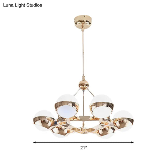 Elegant Gold Metal Chandelier With Stunning Ring Design - Orb Frosted Glass Shade 6/9 Lights.