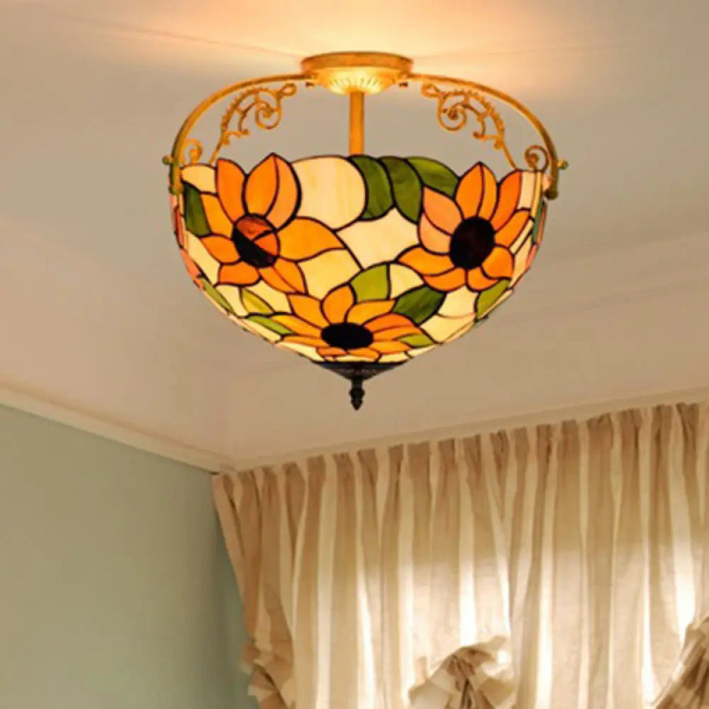 Elegant Mediterranean Cut Glass Rose Semi Flush Lighting - 3 - Light Beige/Pink/Orange Ceiling
