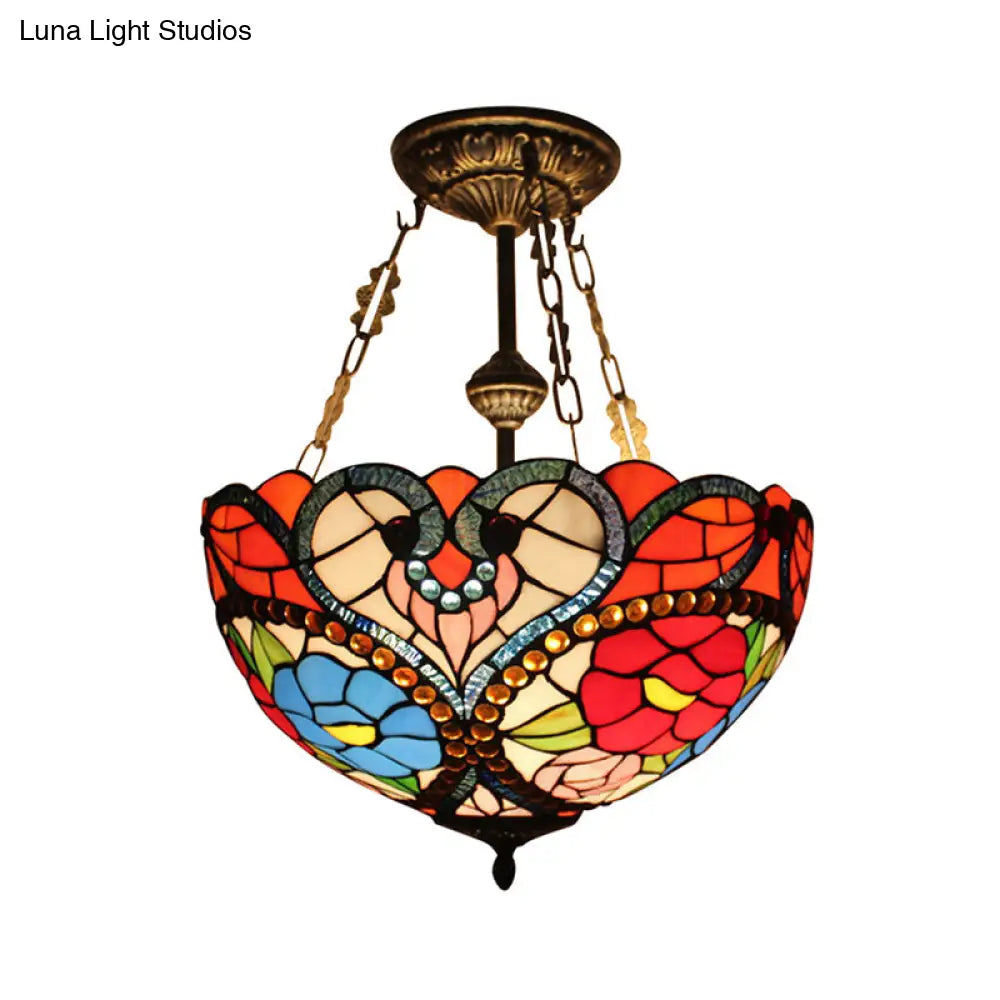 Elegant Stained Glass Blossom Ceiling Lamp With Bead Accent - Semi Flush Mount For Hotel