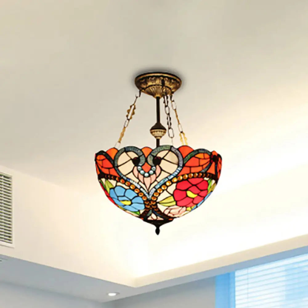 Elegant Stained Glass Blossom Ceiling Lamp With Bead Accent - Semi Flush Mount For Hotel Blue-Red
