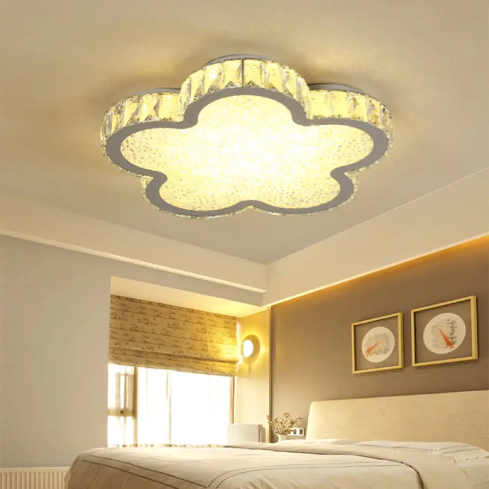 Elegant White Crystal Ceiling Lamp: Plat Flower Acrylic Led Flush Light For Bedrooms / Warm