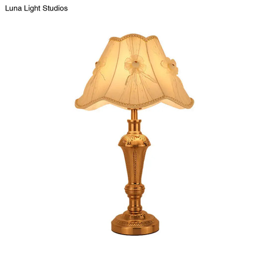 Traditional Bedside Desk Light With Floral/Conical Design Single Head Gold Night Table Lamp