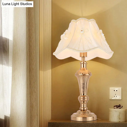 Traditional Bedside Desk Light With Floral/Conical Design Single Head Gold Night Table Lamp / B