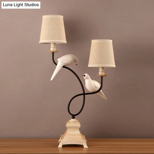 Modern Flaxen Table Light With Fabric Barrel Shade Dual Bulbs And Pigeon Deco