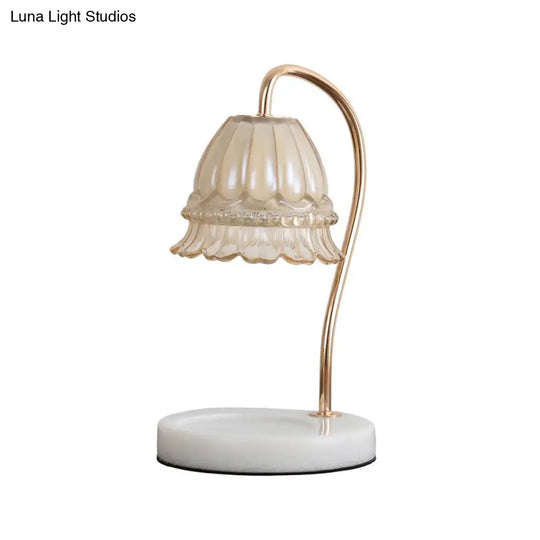 Stylish Tan Glass Floral Nightstand Lamp With White And Brass Gooseneck - Designer Table Light