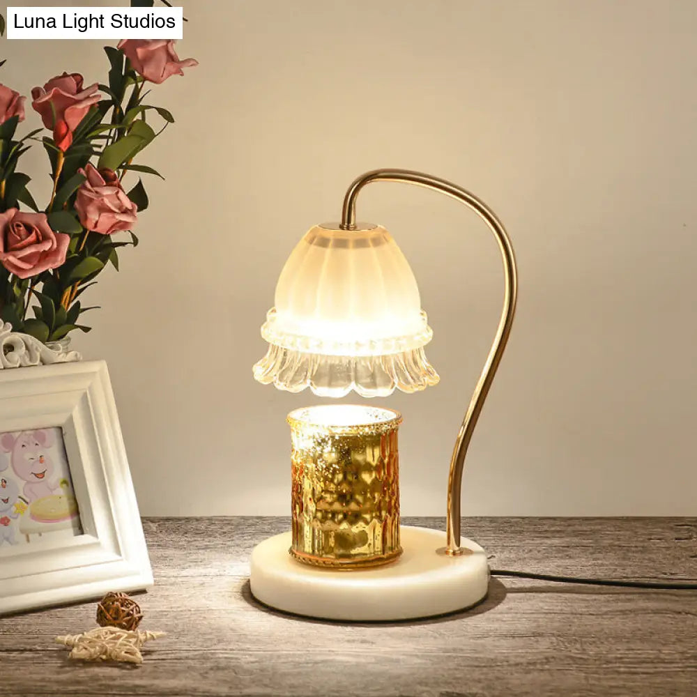 Stylish Tan Glass Floral Nightstand Lamp With White And Brass Gooseneck - Designer Table Light