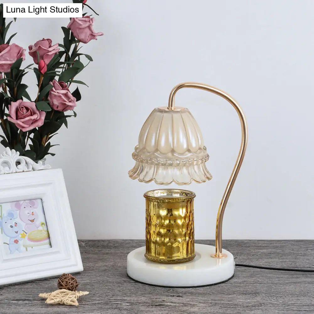 Stylish Tan Glass Floral Nightstand Lamp With White And Brass Gooseneck - Designer Table Light