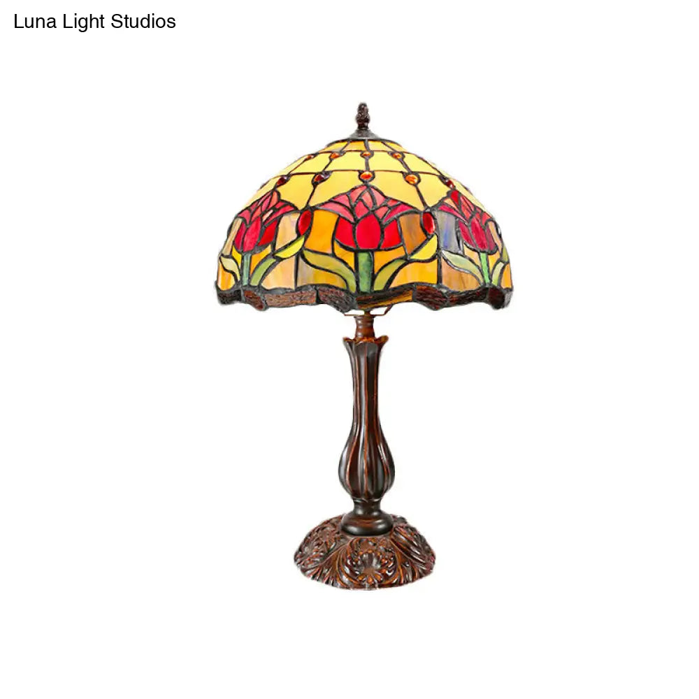 Tiffany Bronze Nightstand Lamp With Flower Pattern - Cut Glass Dome Shade 1 Light Night Table