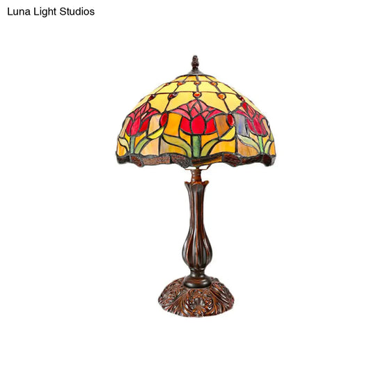 Tiffany Bronze Nightstand Lamp With Flower Pattern - Cut Glass Dome Shade 1 Light Night Table