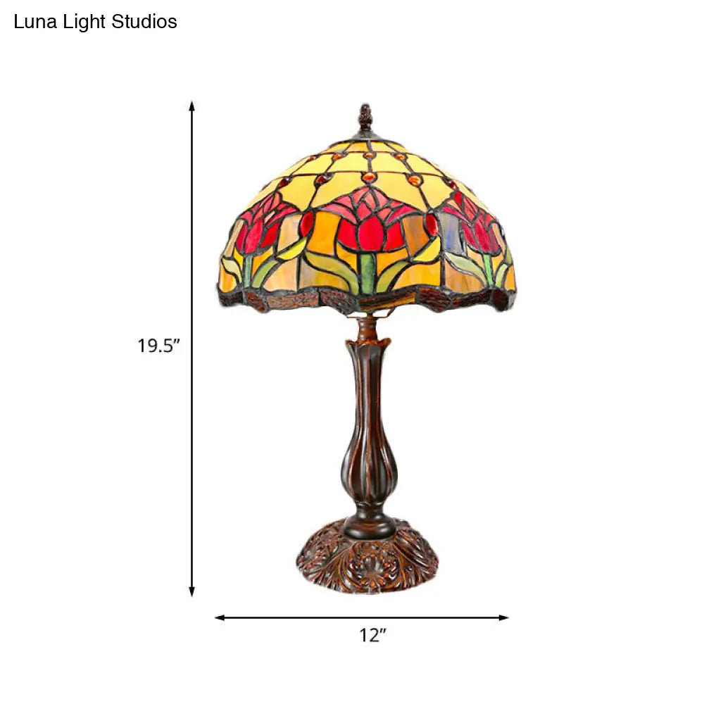 Tiffany Bronze Nightstand Lamp With Flower Pattern - Cut Glass Dome Shade 1 Light Night Table