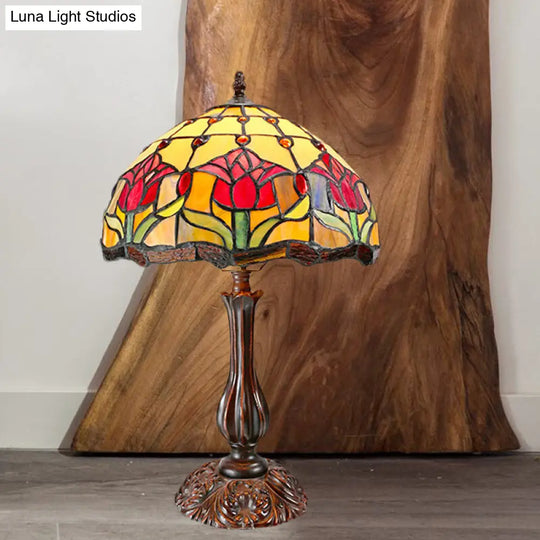 Tiffany Bronze Nightstand Lamp With Flower Pattern - Cut Glass Dome Shade 1 Light Night Table