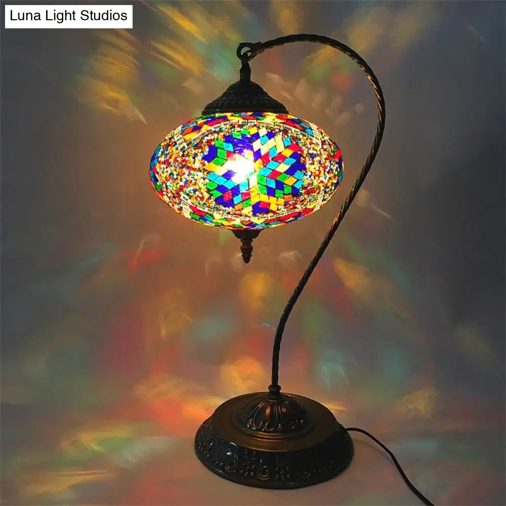 Stained Art Glass Night Light With Curved Arm In Yellow/Blue/Green