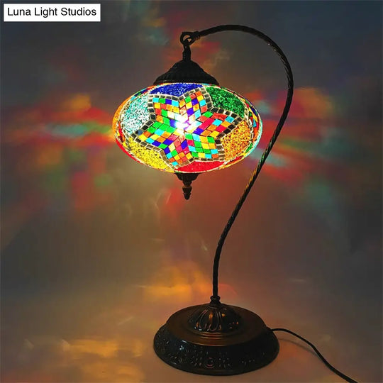 Stained Art Glass Night Light With Curved Arm In Yellow/Blue/Green