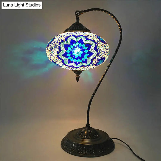 Stained Art Glass Night Light With Curved Arm In Yellow/Blue/Green Blue