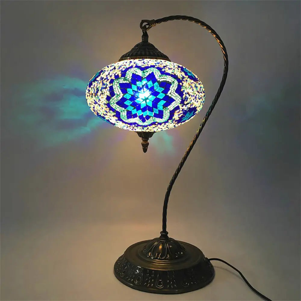 Éléonore - Stained Glass Oblong Night Light Table Lamp Single Head Curved Arm Blue