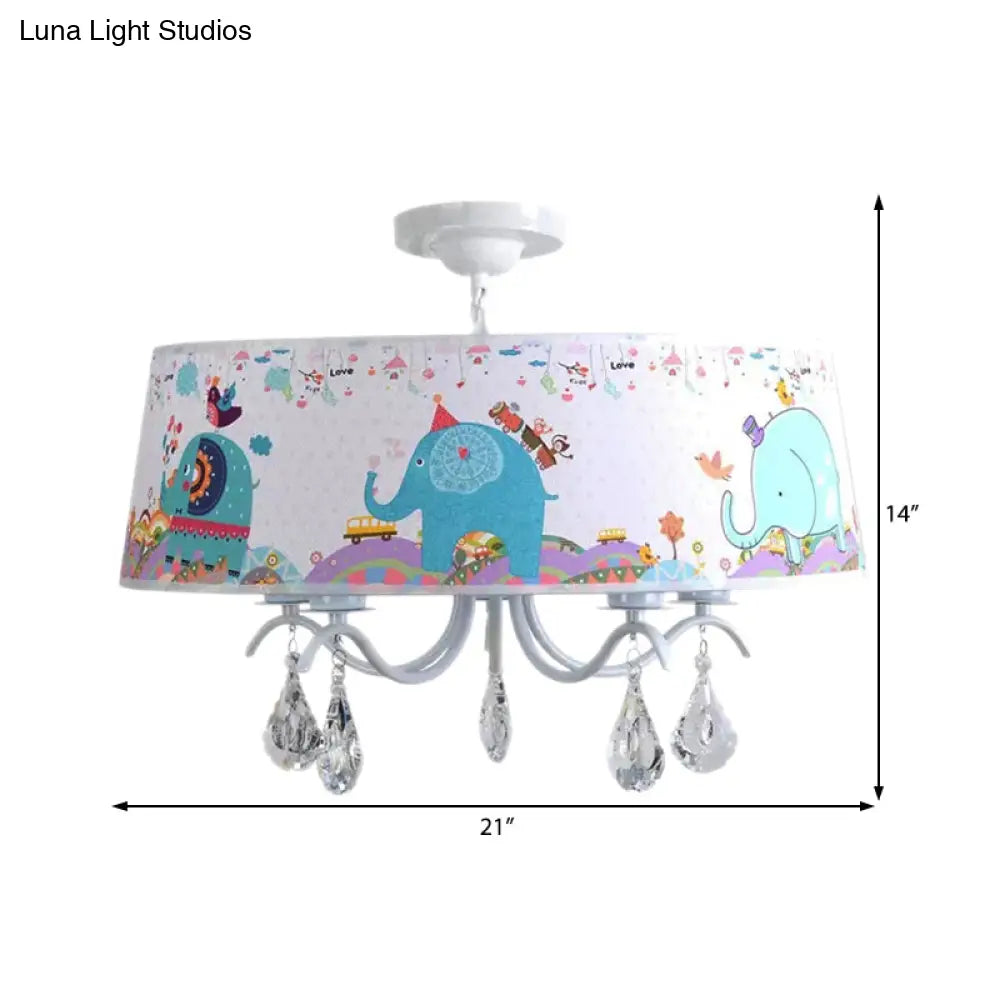 Elephant Crystal Drum Pendant Light: White 5-Light Chandelier For Kids Bedroom