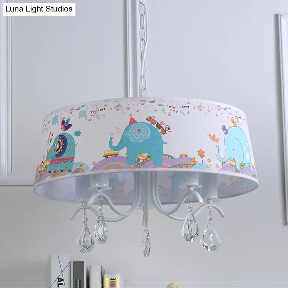 Elephant Crystal Drum Pendant Light: White 5-Light Chandelier For Kids Bedroom