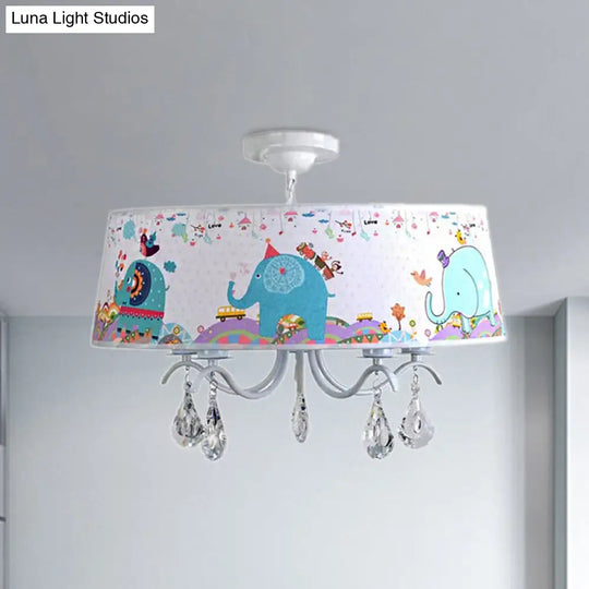 Elephant Crystal Drum Pendant Light: White 5-Light Chandelier For Kids Bedroom