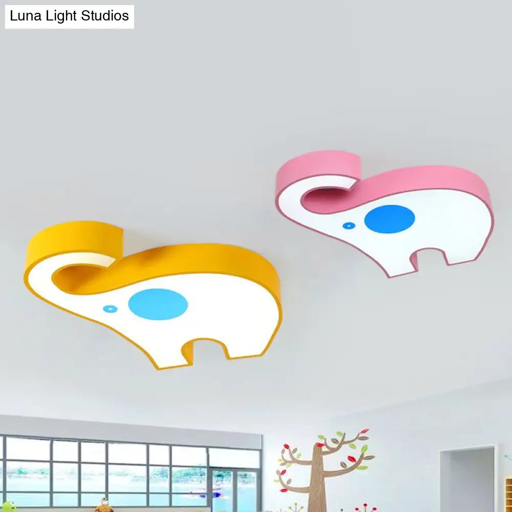 Elephant Kindergarten Led Flush Mount Lamp - Pink/Yellow Kids Ceiling Light Fixture