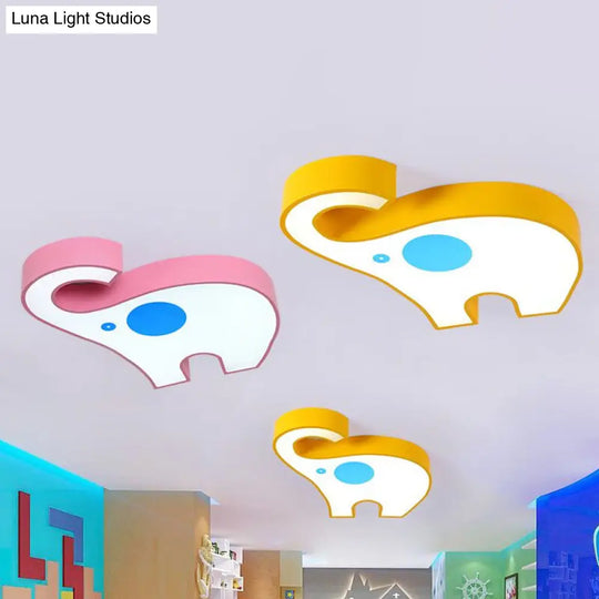 Elephant Kindergarten Led Flush Mount Lamp - Pink/Yellow Kids Ceiling Light Fixture