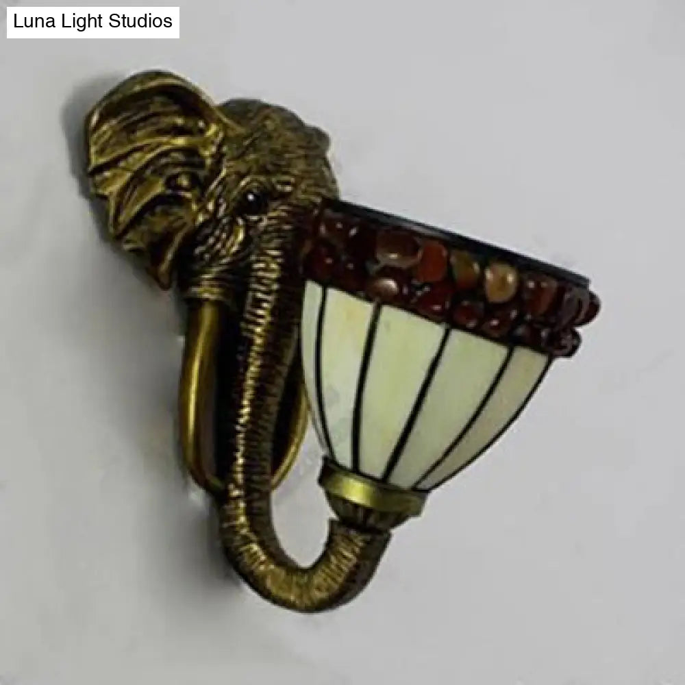 Elephant Resin Stained Glass Wall Sconce Lamp - Lodge Style Brass Accent