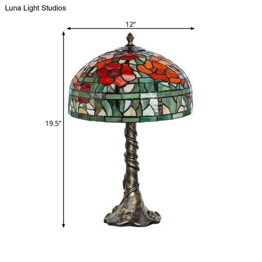 Tiffany-Style Dome Desk Lamp: Multicolored Stained Glass 1-Light Green-Red Task Lighting Trunk Base