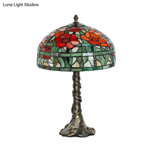 Tiffany-Style Dome Desk Lamp: Multicolored Stained Glass 1-Light Green-Red Task Lighting Trunk Base