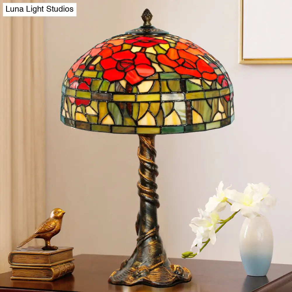 Tiffany-Style Dome Desk Lamp: Multicolored Stained Glass 1-Light Green-Red Task Lighting Trunk Base